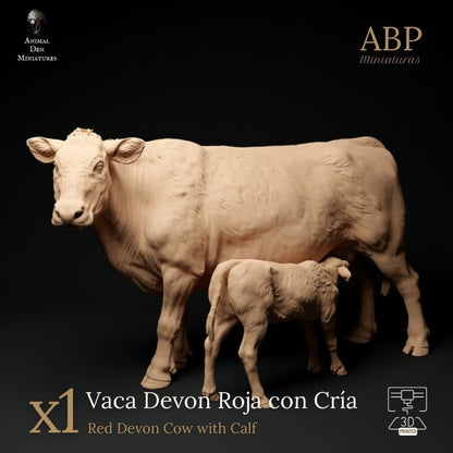 Vaca Devon Roja con Cría Mamando