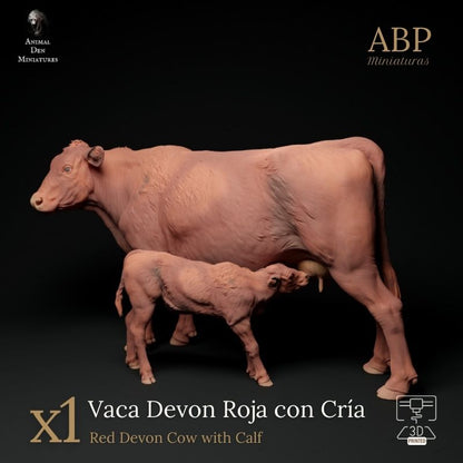Vaca Devon Roja con Cría Mamando